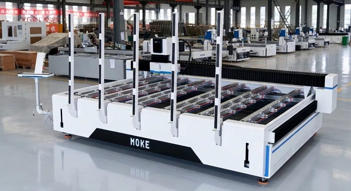 CF1530 laser sandblasting machine with five pneumatic loading arms, open-grid worktable, gantry-mounted scan head and operator terminal