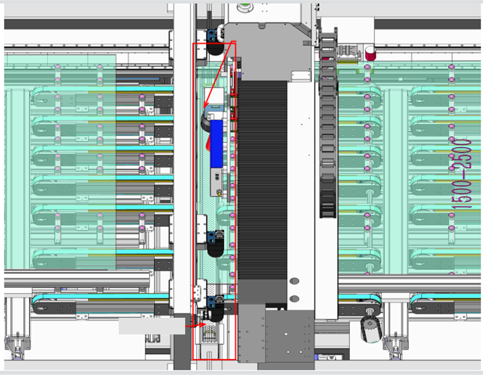 Detail of the drilling zone showing the vision system above the drilling area