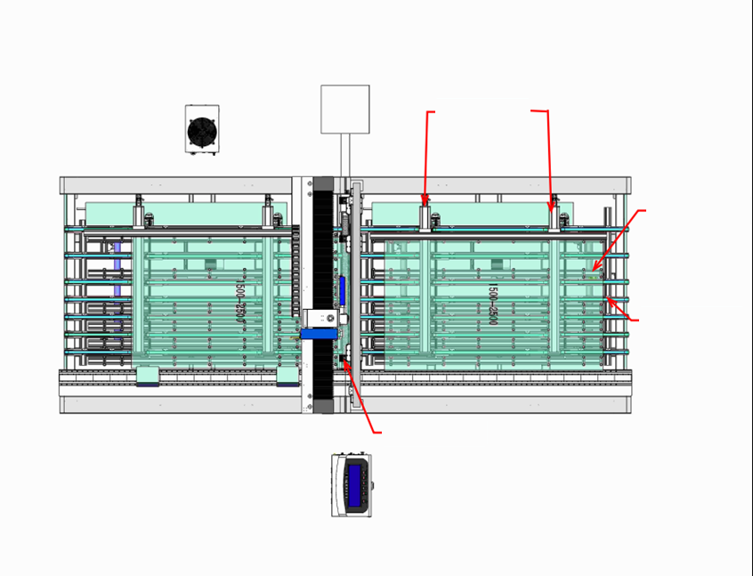 Top view of the drilling table showing the Y2 grippers, lifting device, conveyor belt and vacuum port
