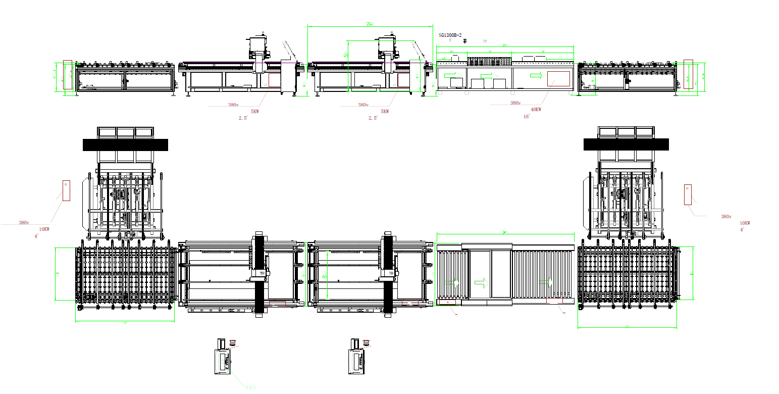 Side view and plan view of Line 2: loading table, two laser drilling machines, washer and unloading table, with glass racks at both ends