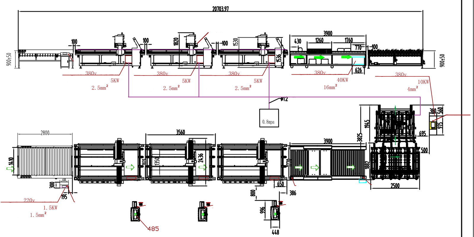 Side view and plan view of Line 1: infeed transfer table, three laser drilling machines, washer and unloading table