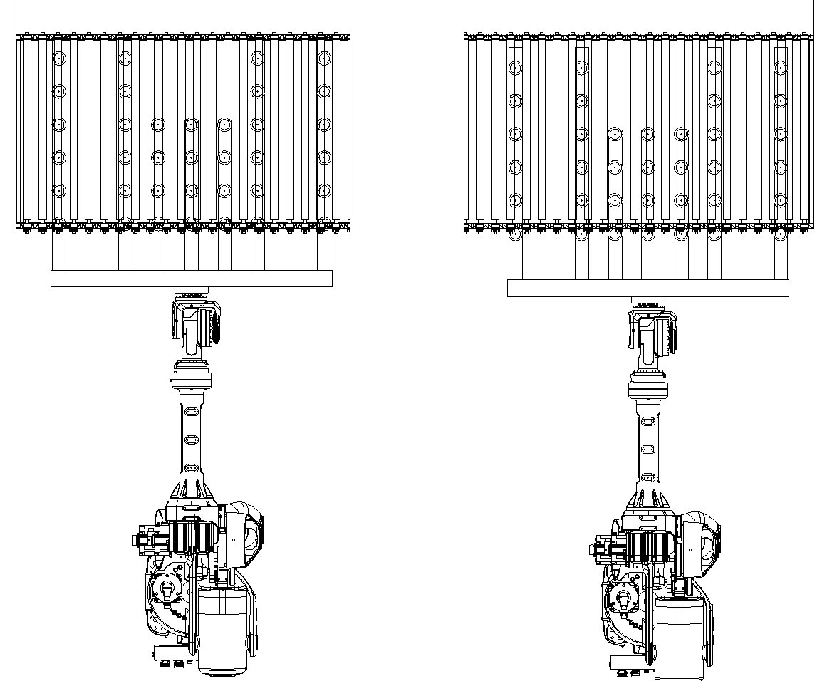 Plan view of the robot loading and unloading stations: a multi-axis industrial robot with vacuum gripper beside each roller table