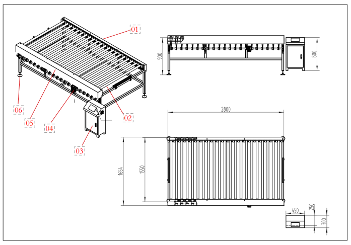 Drawing of the CRTT2508 transfer table: perspective, side and plan views with the electrical cabinet