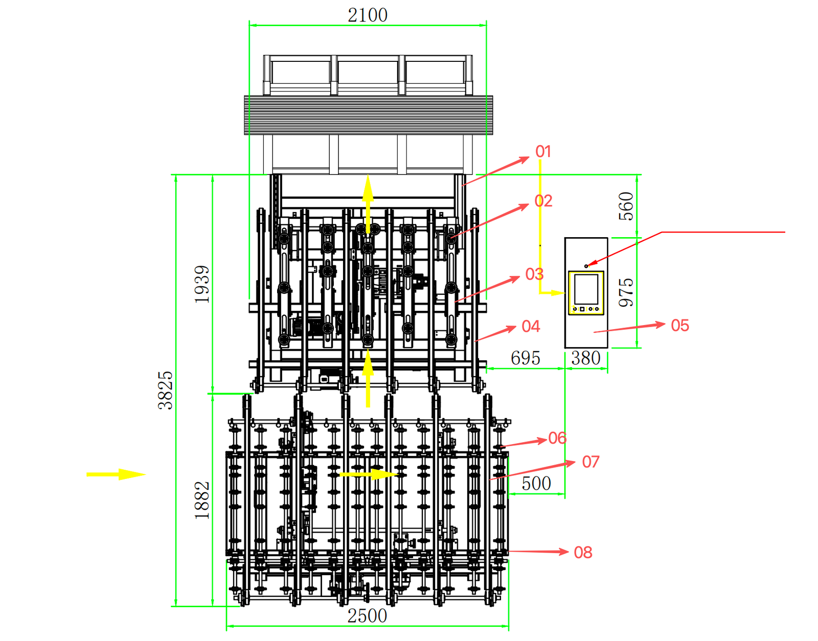 Plan view of the CRLU2201 table with tilting arm, vacuum suction cups and belt table