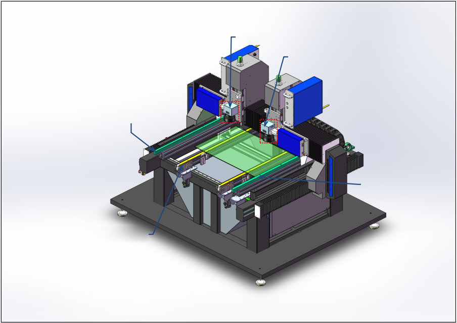 Laser drilling unit with No. 1 and No. 2 heads, positioning bar, movable glass push strip and movable conveyor track