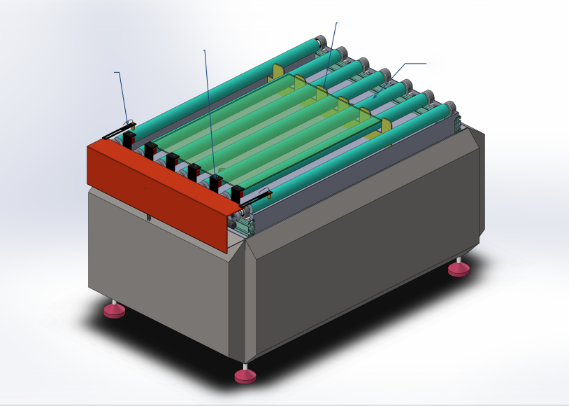 Infeed roller table with laser probe for glass detection, fixed position stop block, positioning baffle and conveyor rollers