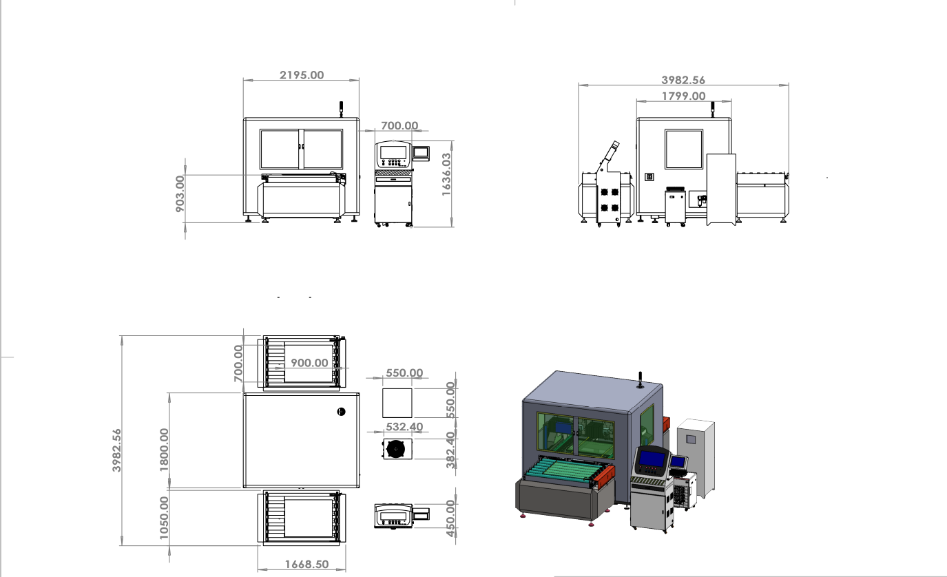 Front, side and plan view drawing of the M9070 with dimensions of the laser station, infeed and outfeed tables, operator console, chillers, dust collector and control panel