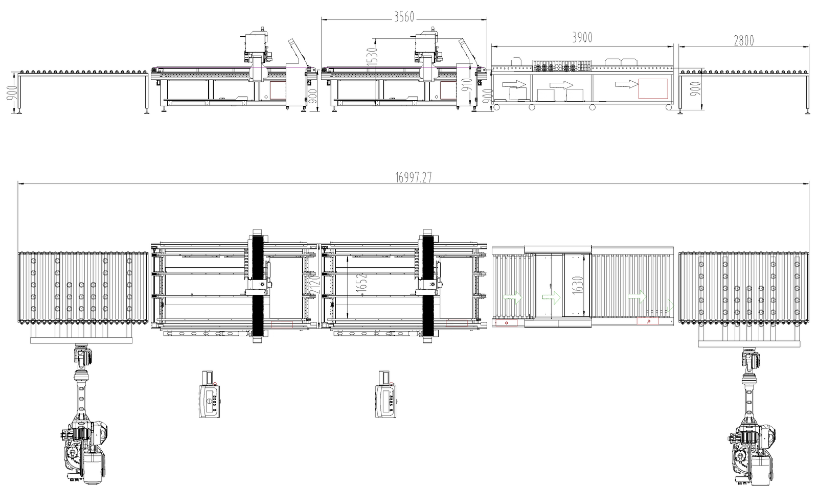 Side view and plan view of the robot line: loading robot and table, two laser drilling machines, washer, and unloading table with robot